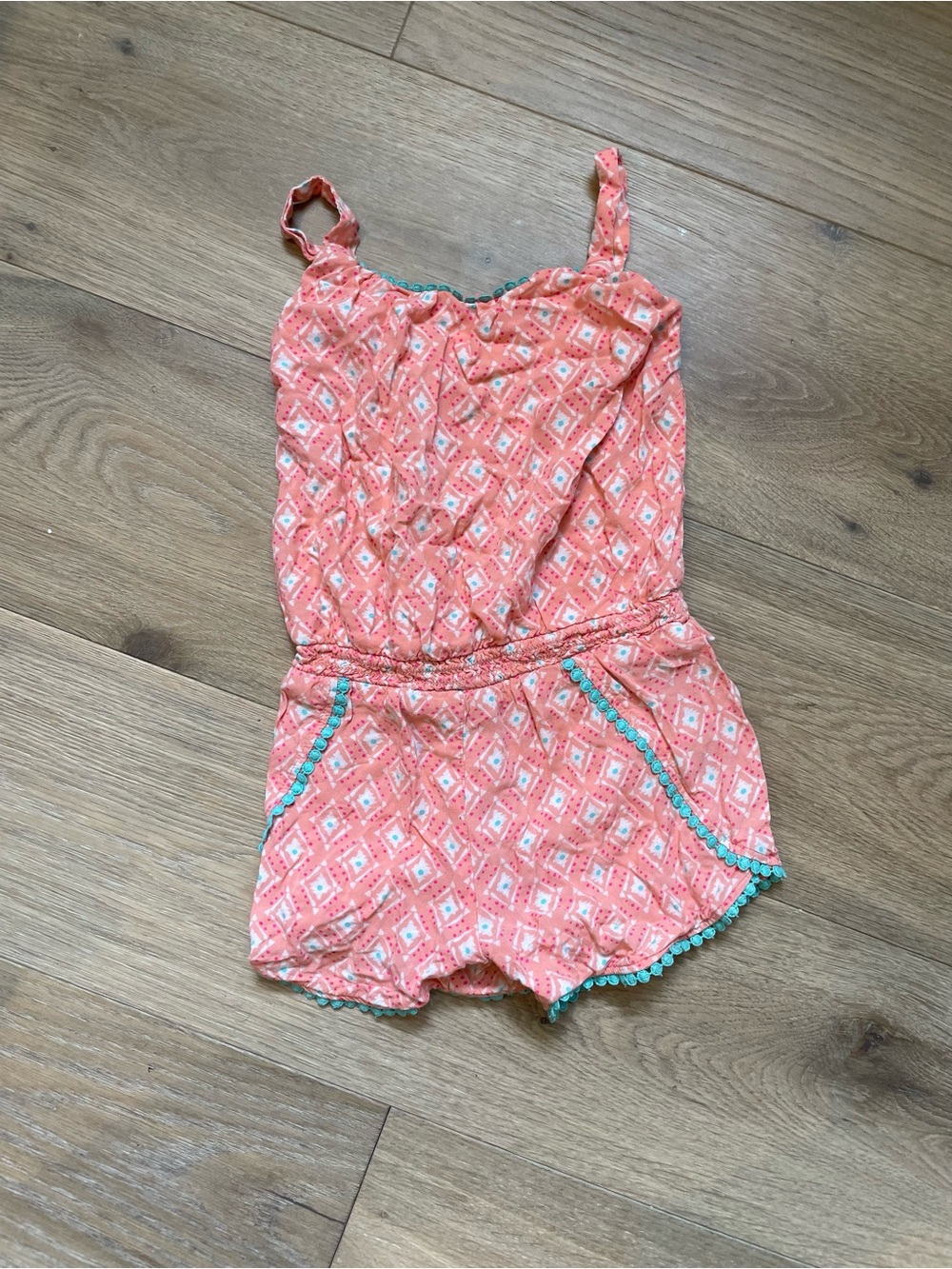 Cherokee Coral Pink Patterned Girls Romper with Teal Trim